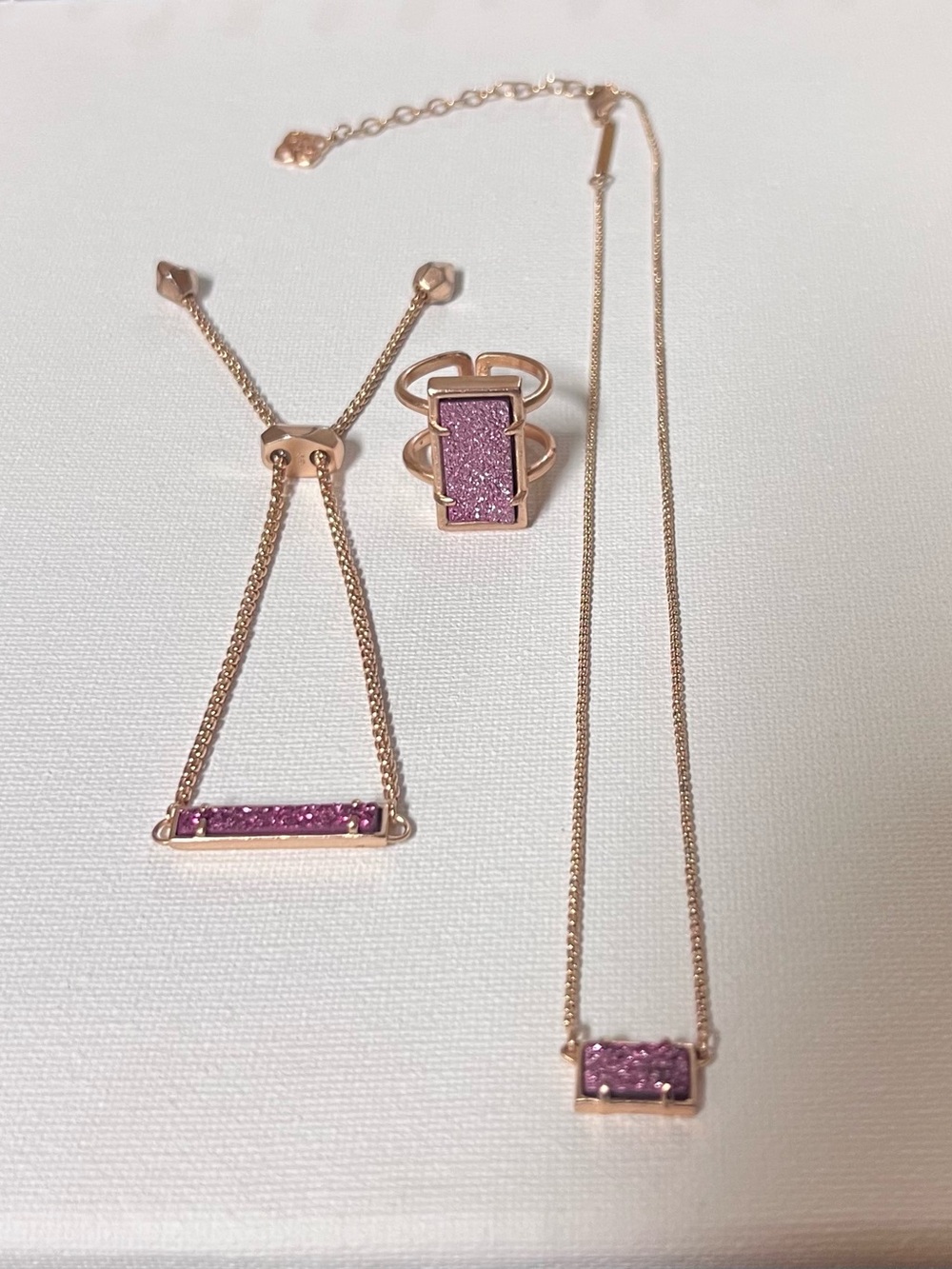 Kendra Scott Rose Gold Fuchsia Drusy Necklace Bracelet Ring 3pc Set Pink Purple